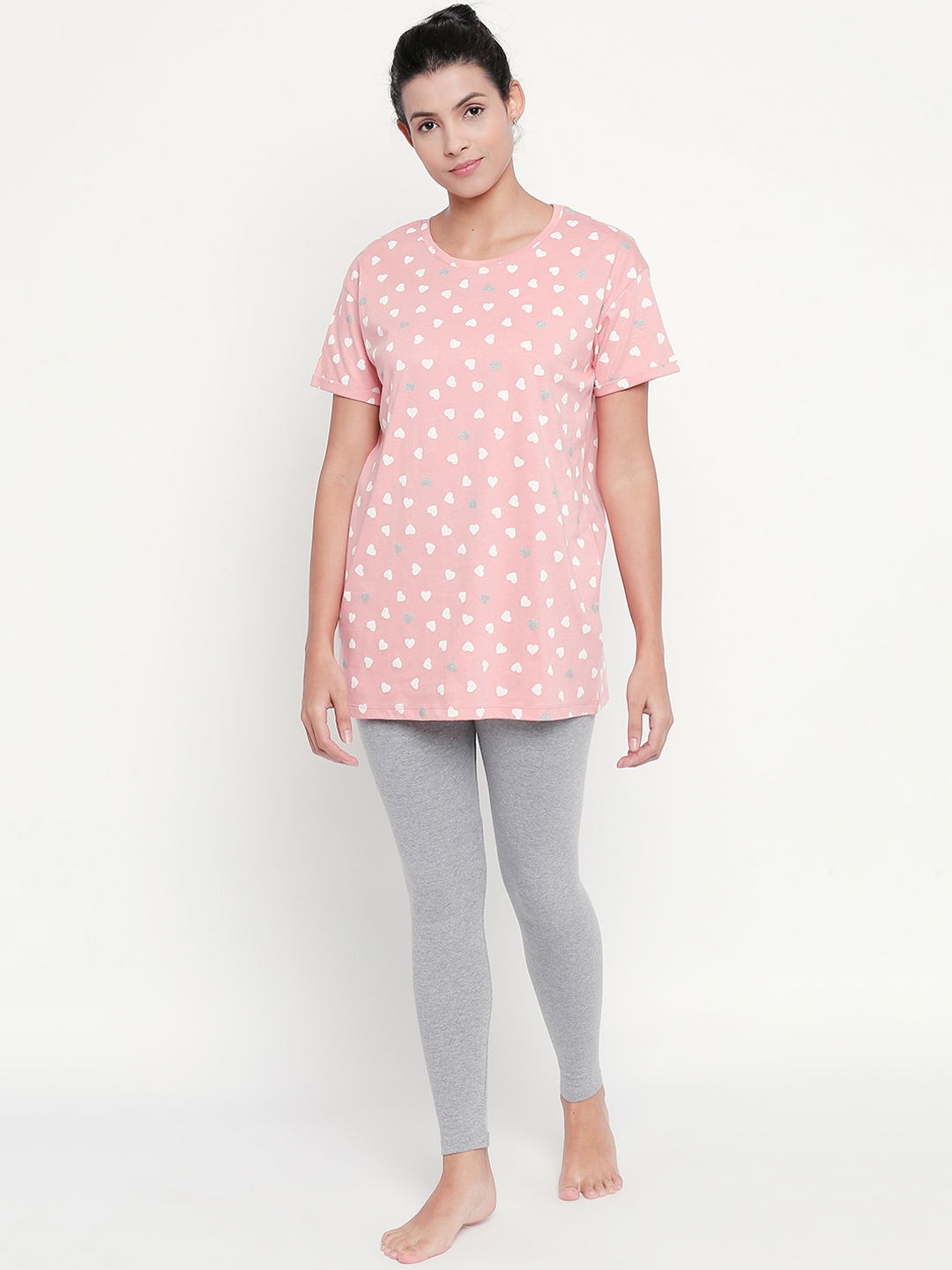 

Dreamz by Pantaloons Women Pink & Grey Melange Printed Night suit