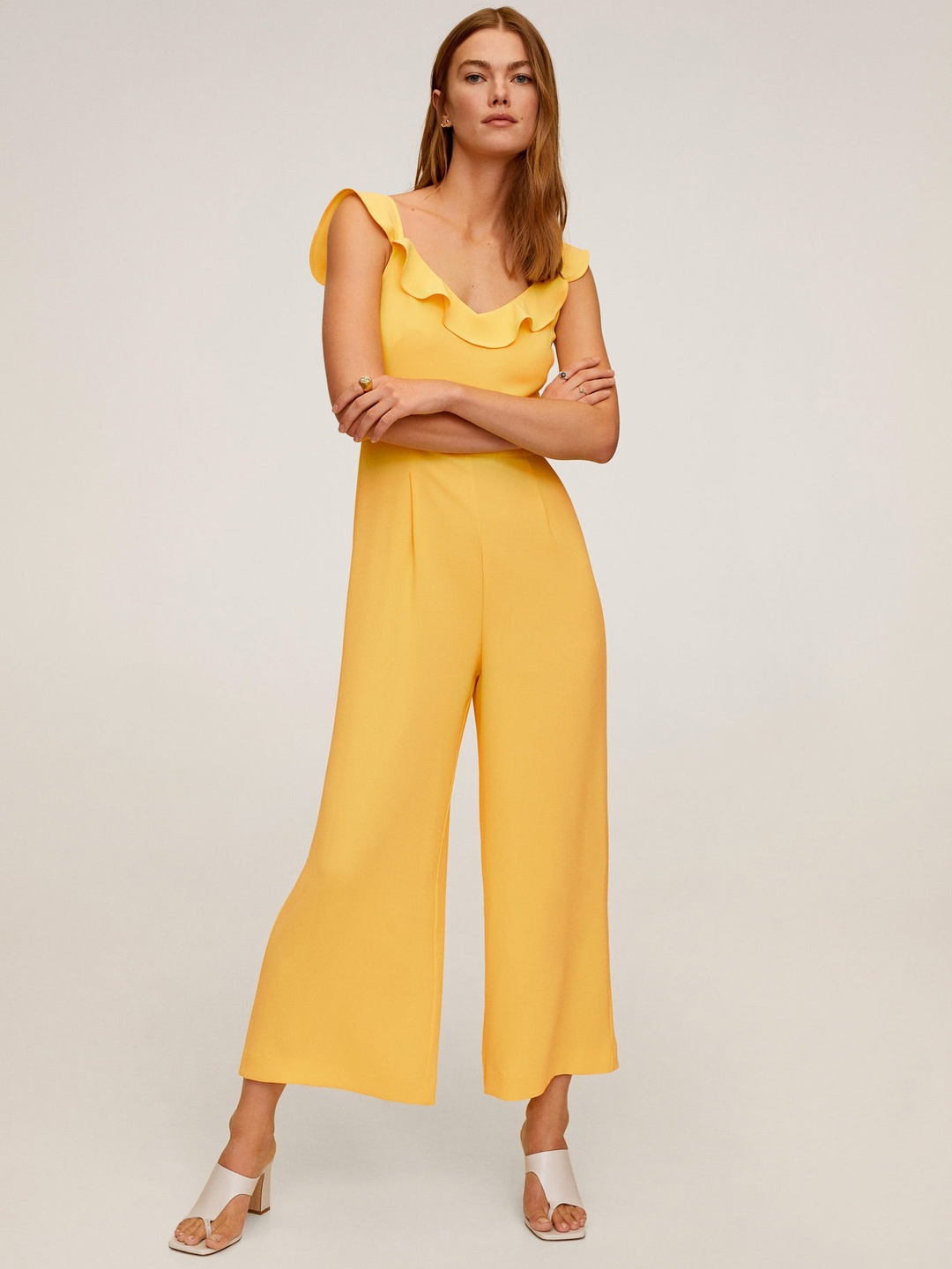 

MANGO Women Yellow Solid Cropped Basic Jumpsuit