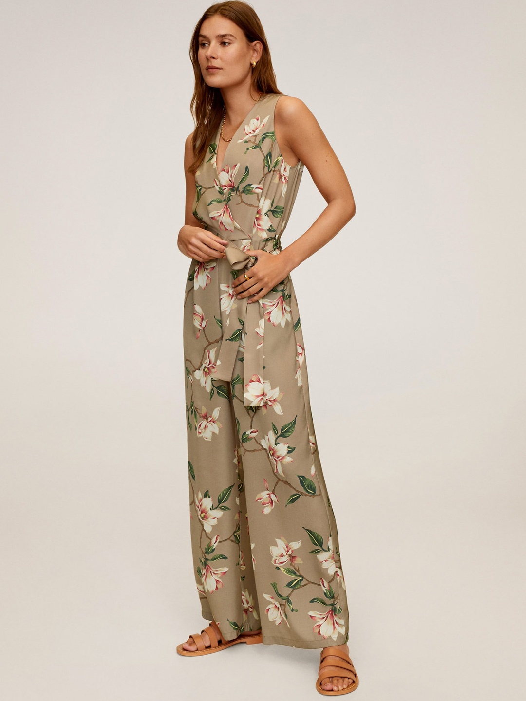 

MANGO Women Beige & Off-White Floral Printed Wrap Jumpsuit With Belt