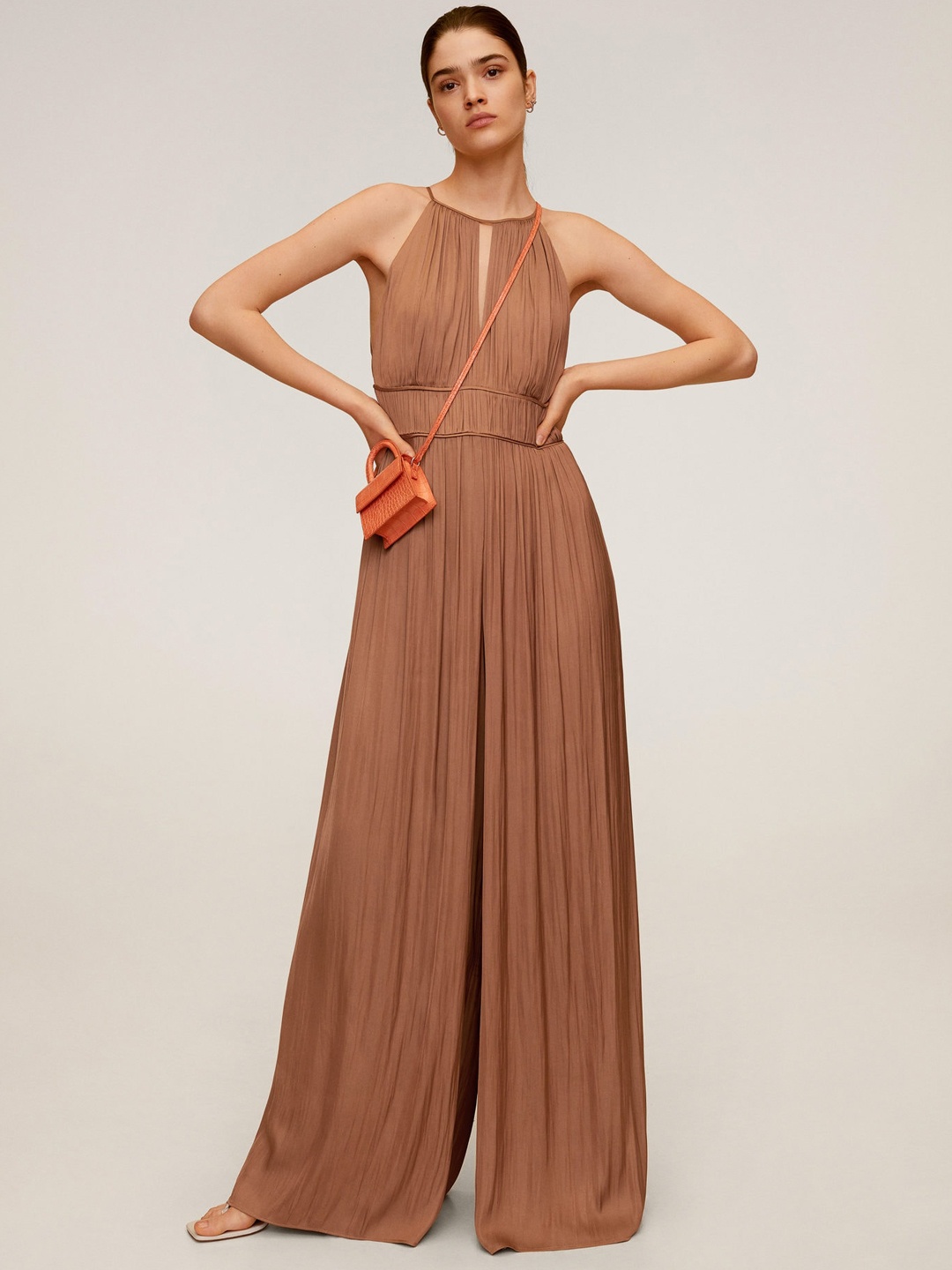 

MANGO Women Brown Solid Basic Jumpsuit