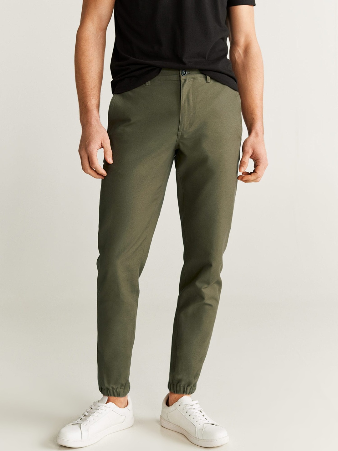 

MANGO MAN Men Olive Green Tapered Fit Solid Joggers