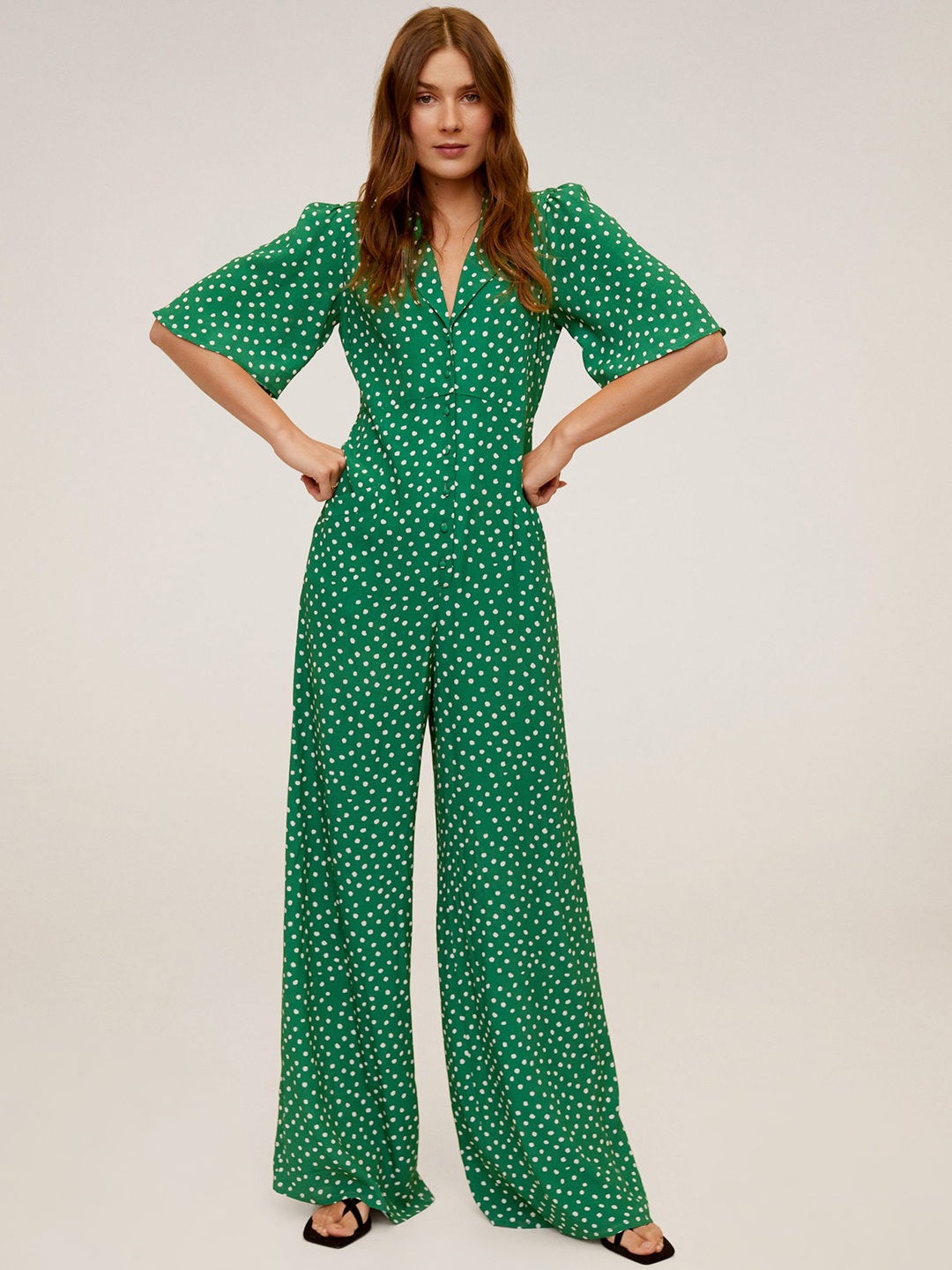 

MANGO Women Green & Off-White Printed Basic Jumpsuit