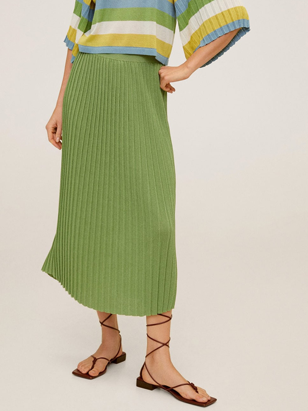 

MANGO Women Lime Green Accordian Pleated Solid A-Line Skirt