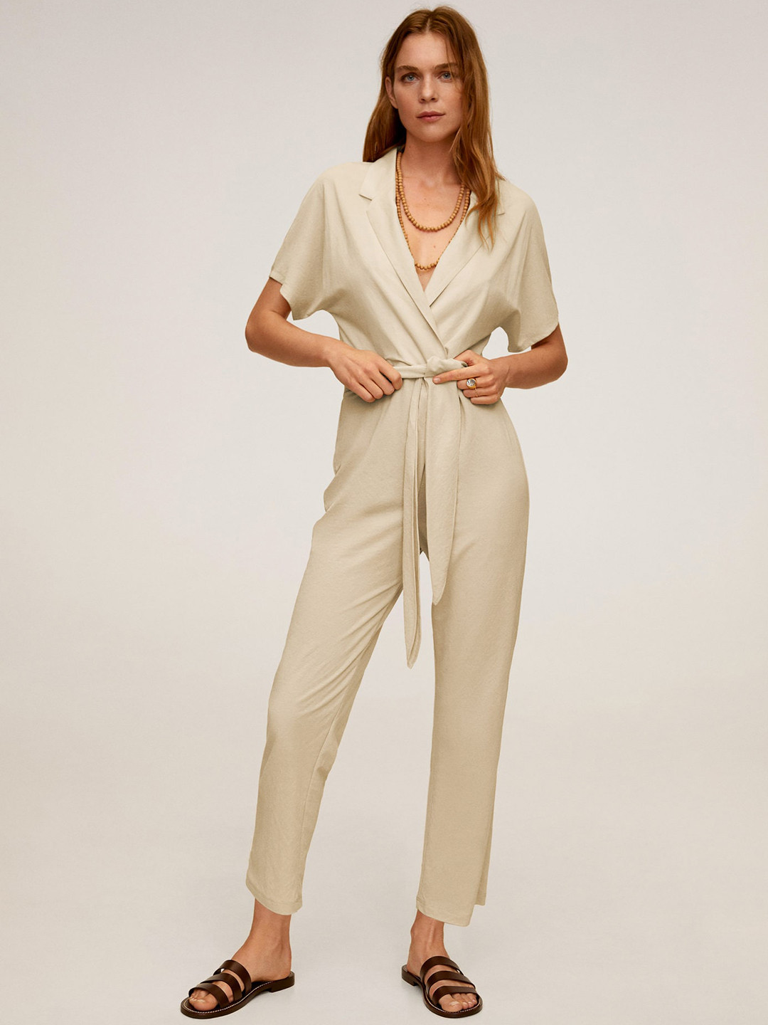 

MANGO Women Cream-Coloured Solid Basic Wrap Jumpsuit