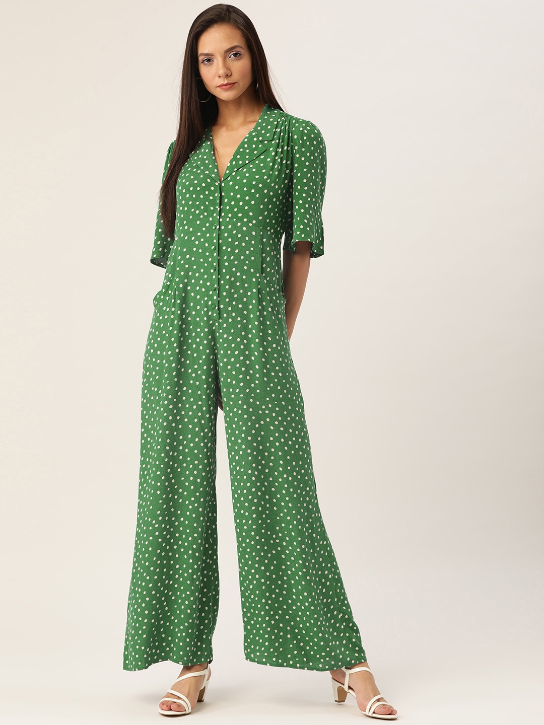 

MANGO Women Green & White Printed Basic Jumpsuit