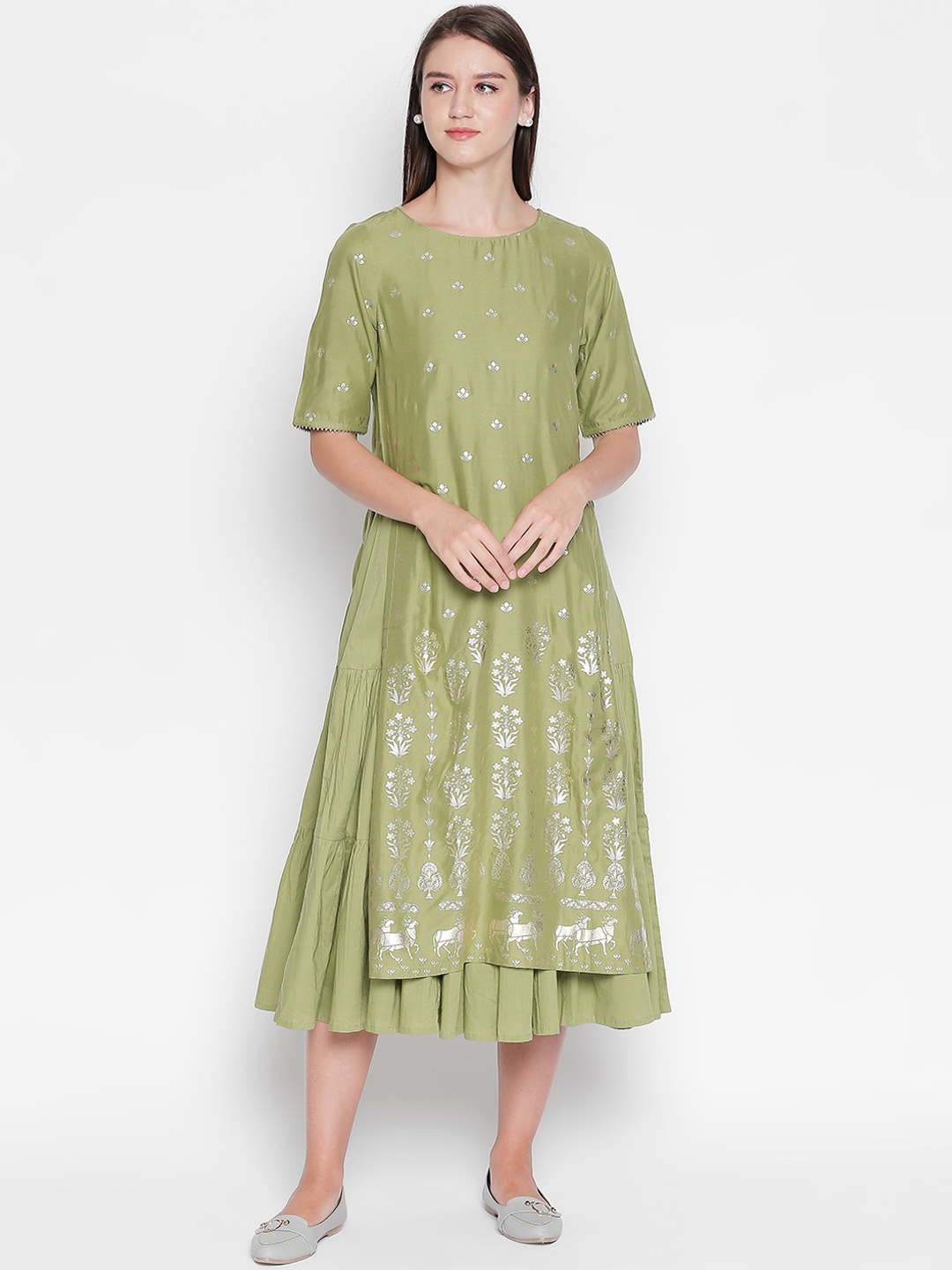 

RANGMANCH BY PANTALOONS Women Green Woven Design Straight Kurta