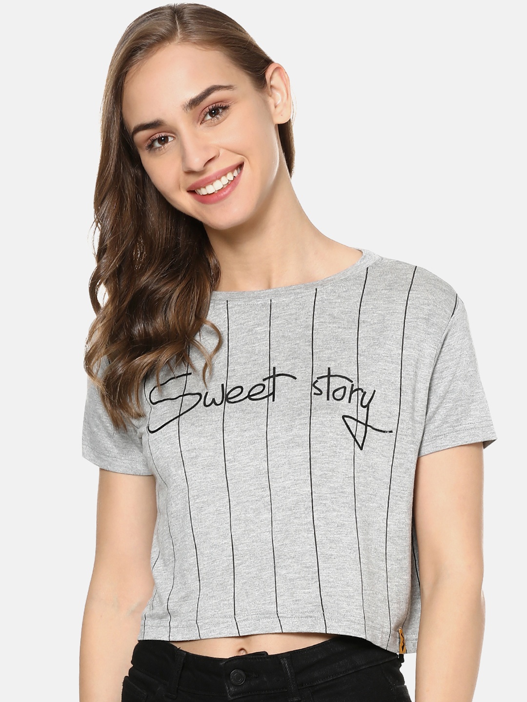 

Campus Sutra Women Grey & Black Striped Pure Cotton Top