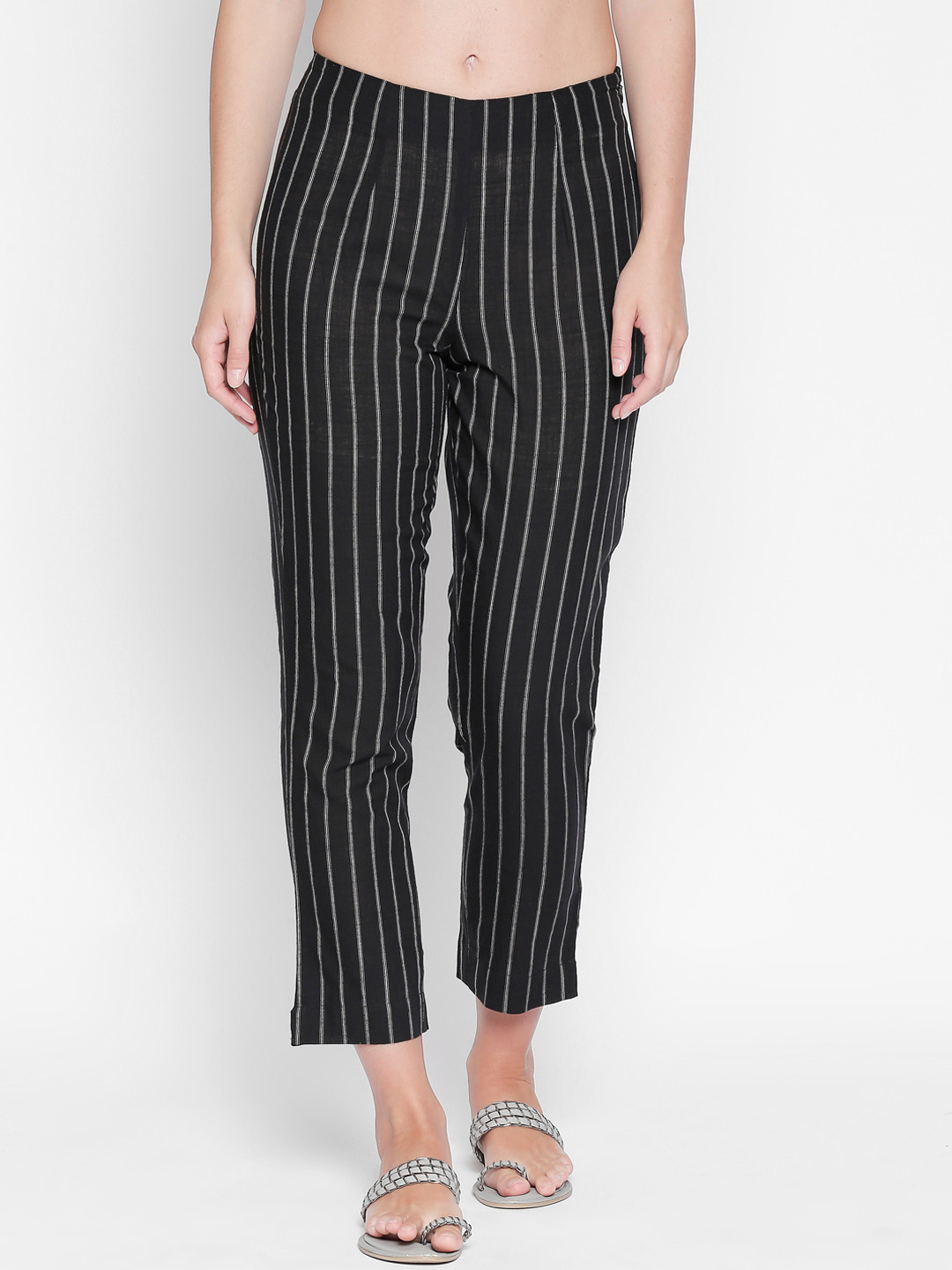 

RANGMANCH BY PANTALOONS Women Black & White Striped Regular Trousers