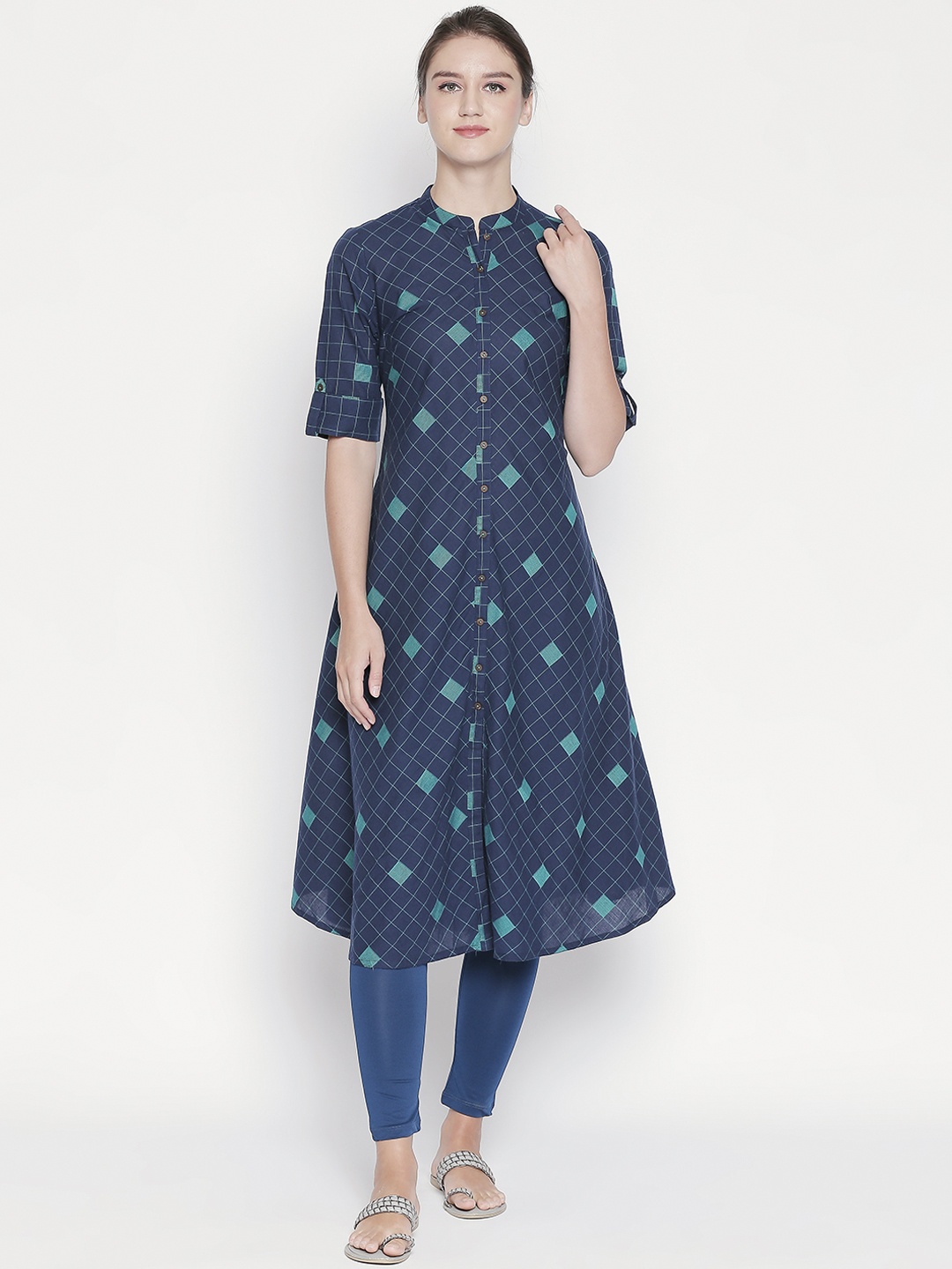 

RANGMANCH BY PANTALOONS Women Blue Checked A-Line Kurta