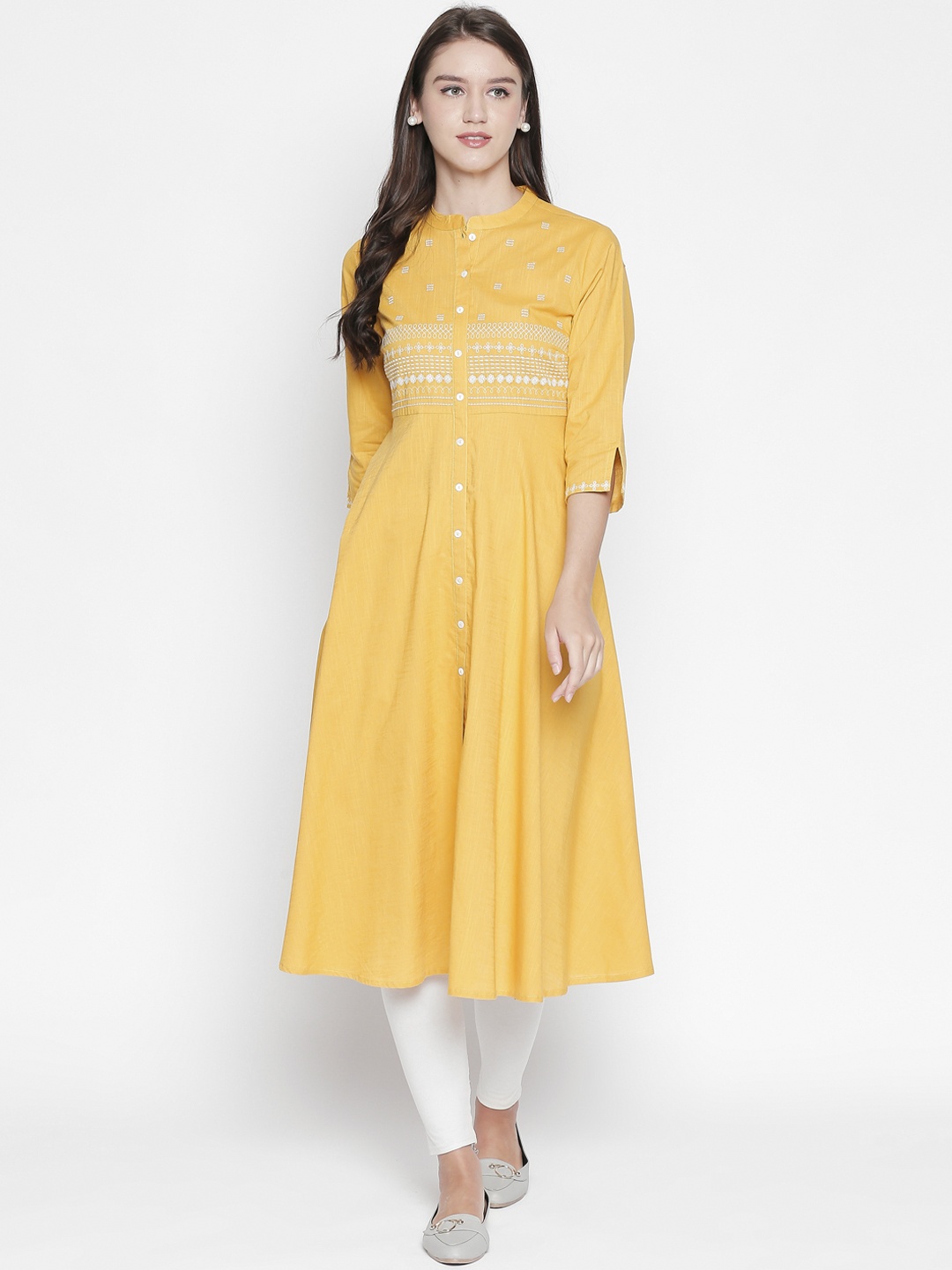

RANGMANCH BY PANTALOONS Women Yellow Yoke Design A-Line Kurta