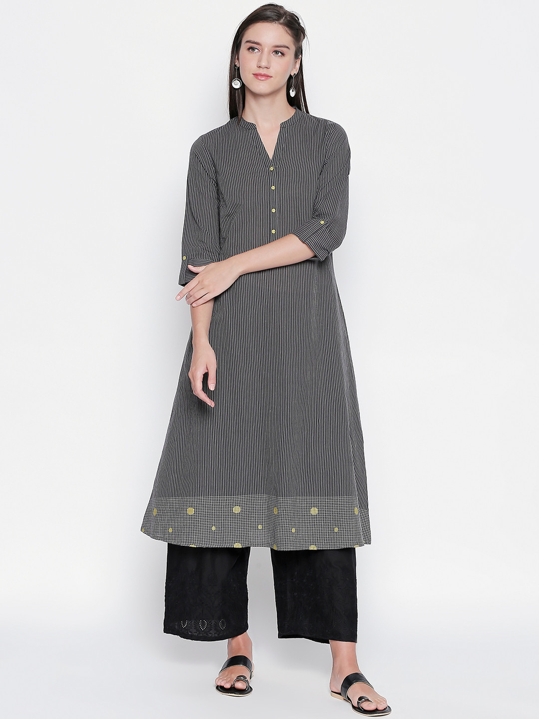 

RANGMANCH BY PANTALOONS Women Charcoal Grey & White Striped A-Line Kurta