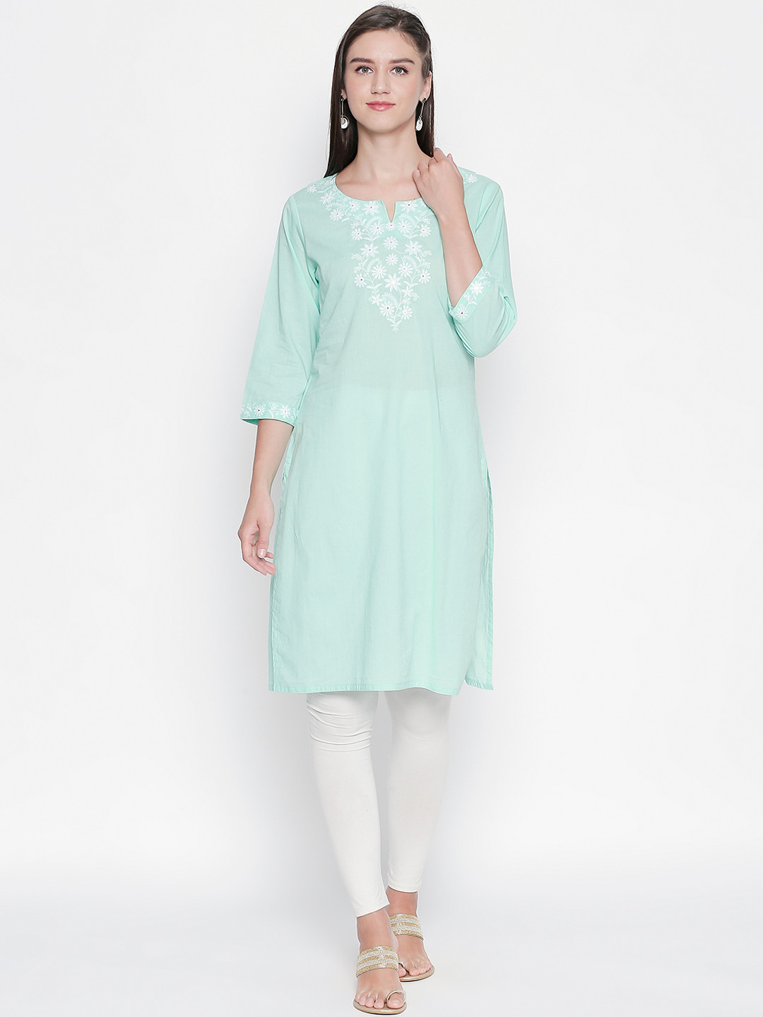 

RANGMANCH BY PANTALOONS Women Green Embroidered Straight Kurta