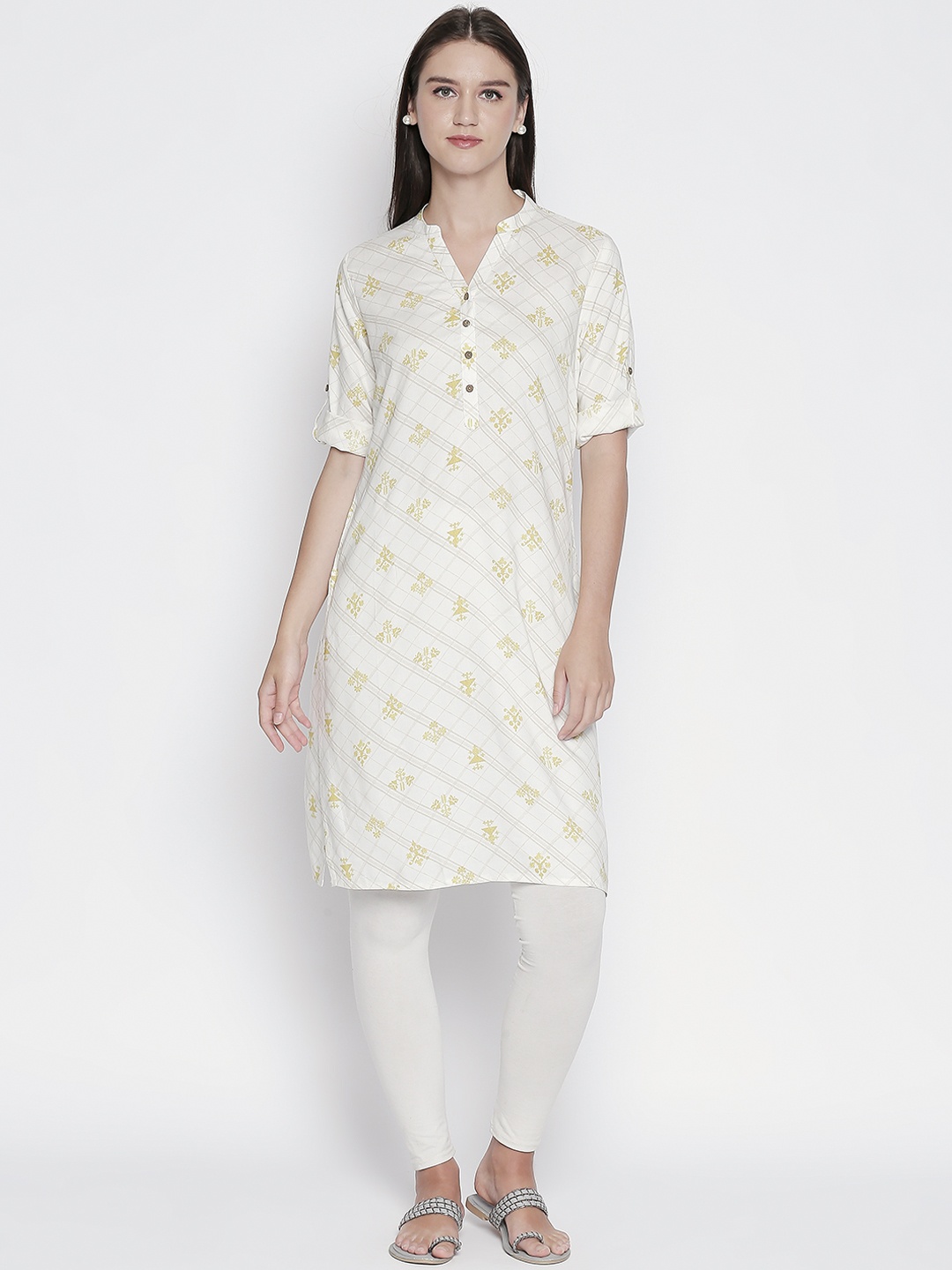 

RANGMANCH BY PANTALOONS Women Off-White Checked Straight Kurta
