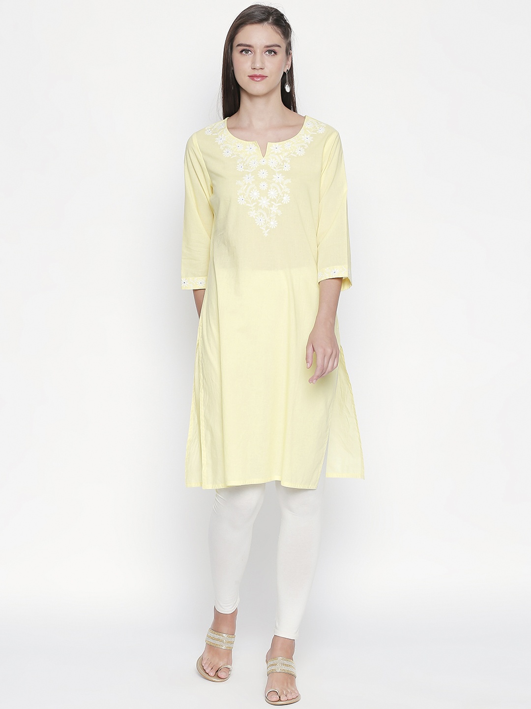 

RANGMANCH BY PANTALOONS Women Yellow Embroidered Straight Kurta