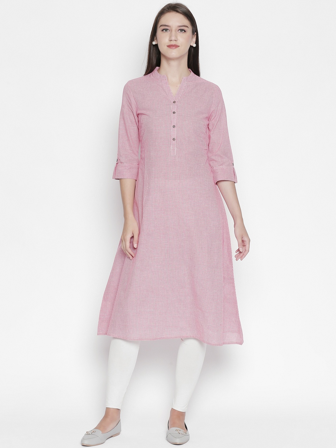 

RANGMANCH BY PANTALOONS Women Pink Checked A-Line Kurta
