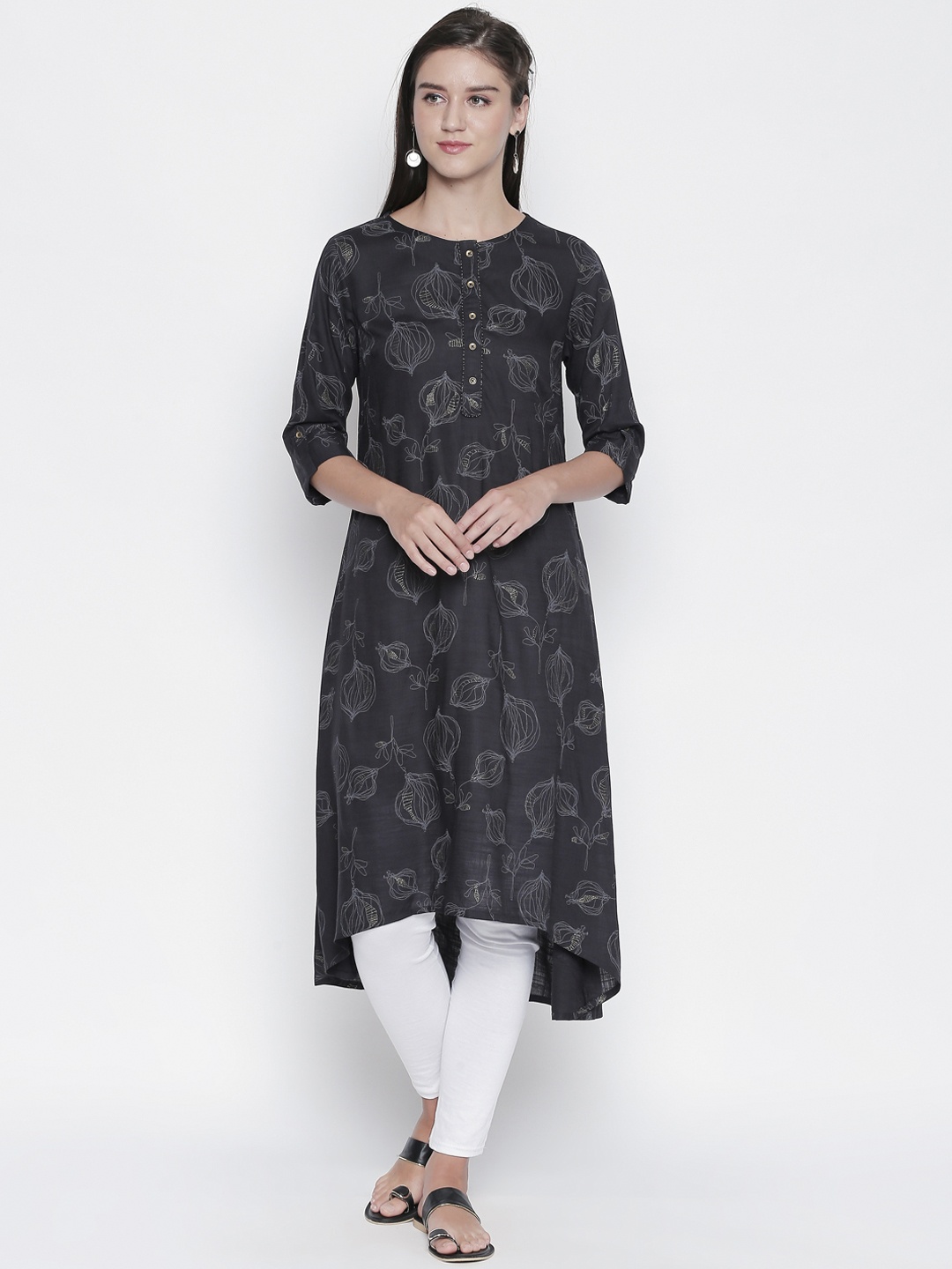 

RANGMANCH BY PANTALOONS Women Charcoal Grey Printed A-Line Kurta
