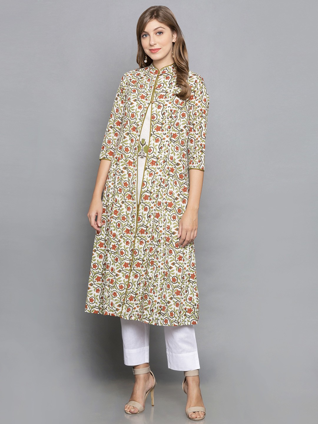 

Desi Weavess Women Off-White & Green Printed A-Line Kurta With Ethnic Shrug