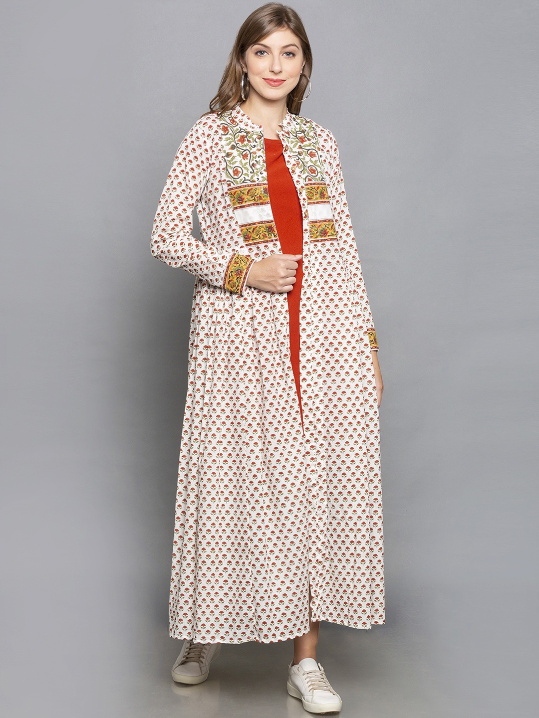 

Desi Weavess Women Off-White & Orange Floral Printed Maternity Open Front Shrug