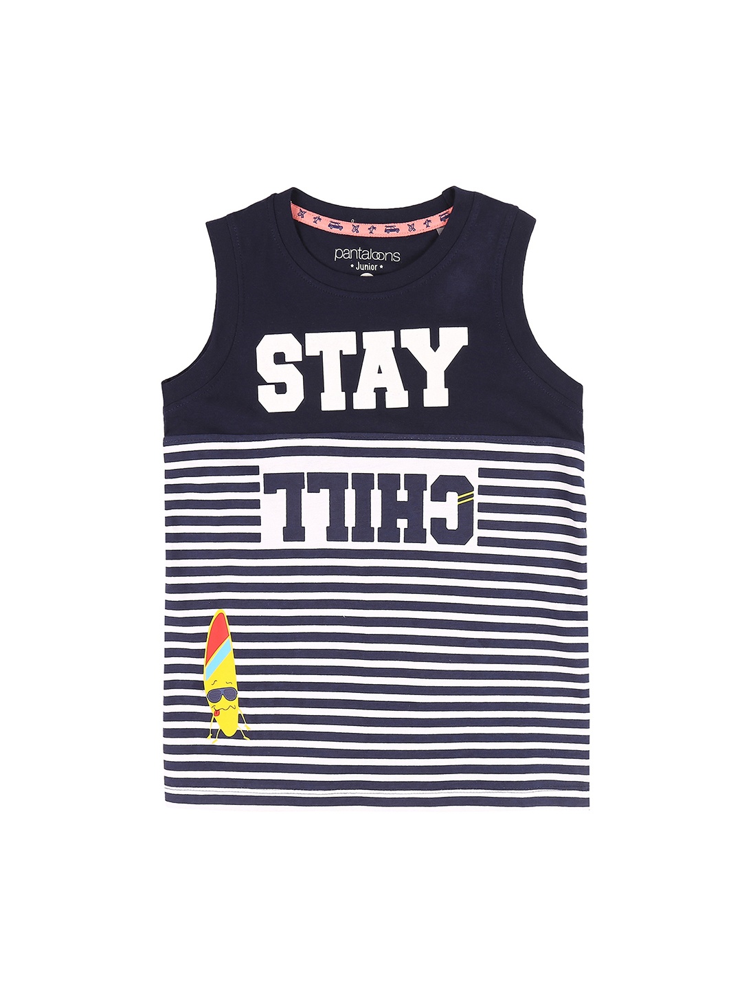 

Pantaloons Junior Boys Navy Blue White Striped Round Neck Pure Cotton T-shirt