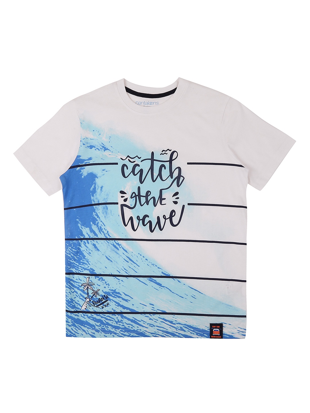 

Pantaloons Junior Boys White Blue Striped Round Neck Pure Cotton T-shirt