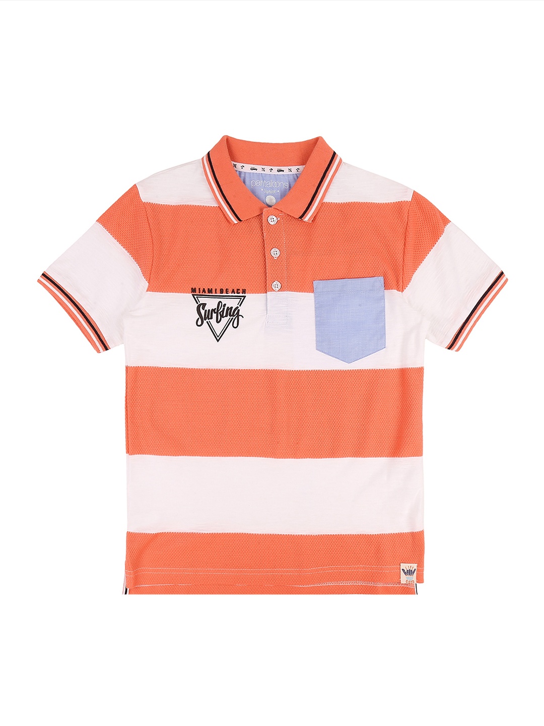 

Pantaloons Junior Boys Orange White Striped Polo Collar Pure Cotton T-shirt
