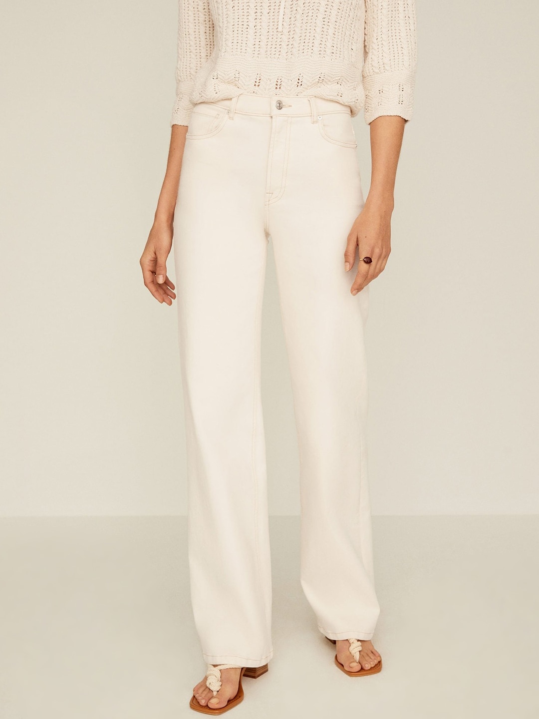 

MANGO Women Off-White Wide Leg Fit High-Rise Clean Look Stretchable Sustainable Jeans
