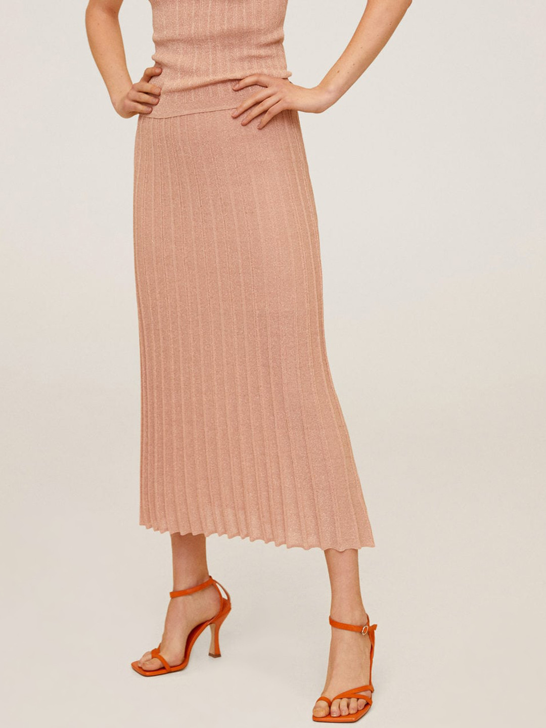 

MANGO Peach-Coloured Accordion Pleated A-Line Skirt