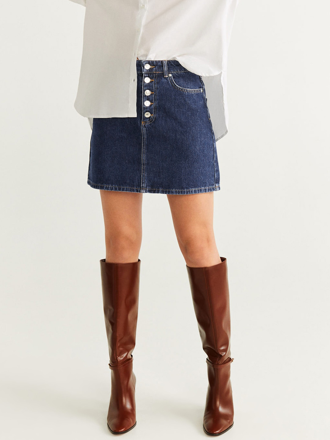 

MANGO Women Navy Blue Solid A-Line Denim Skirt