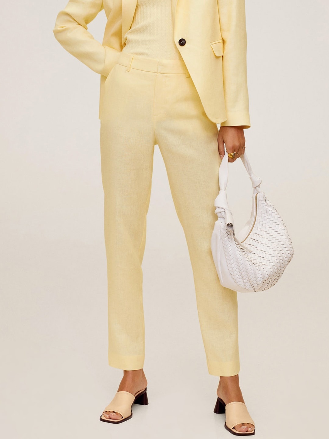 

MANGO Women Yellow Linen Solid Smart Casual Trousers