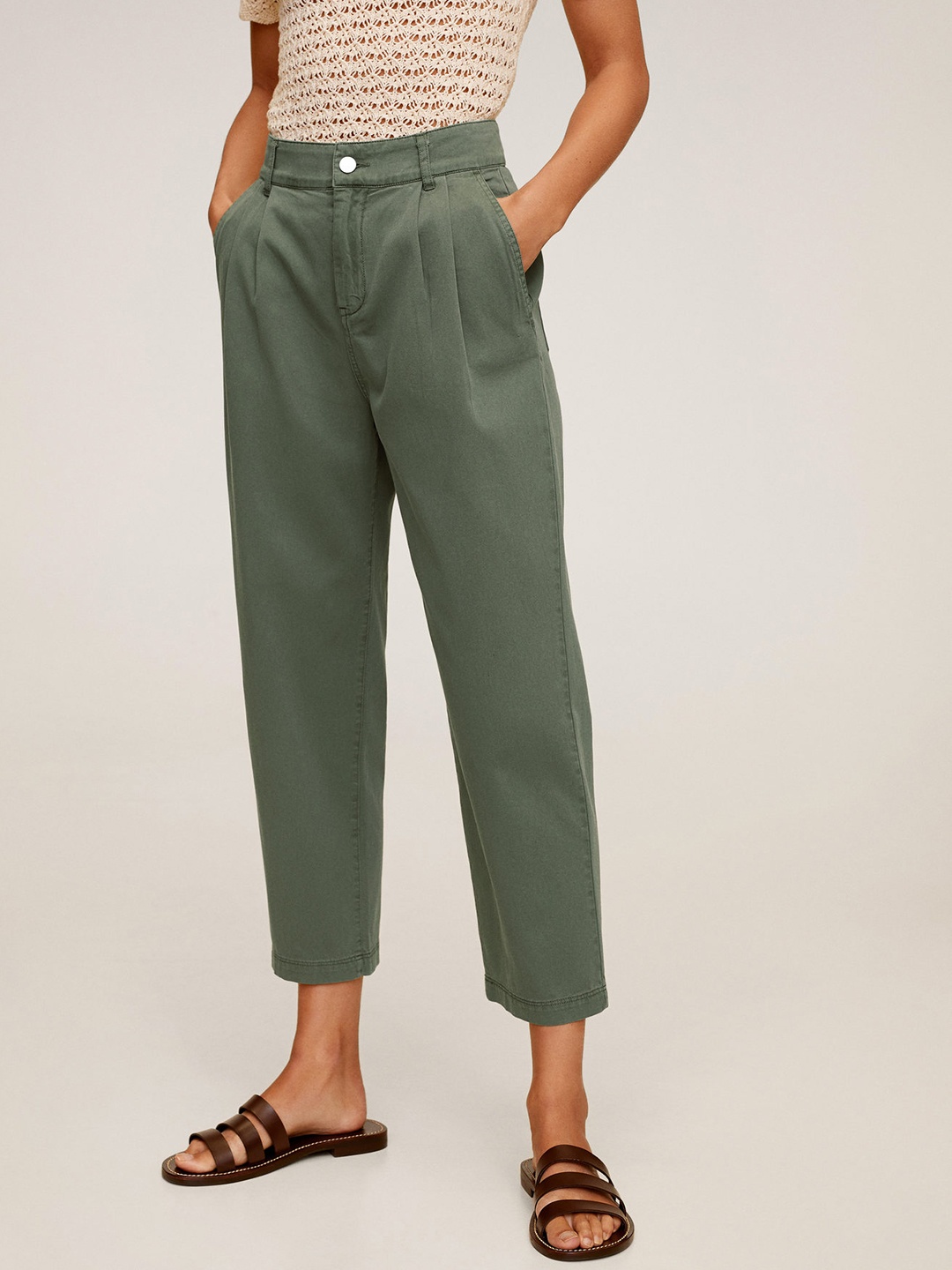 

MANGO Women Olive Green Regular Fit Solid Cropped Trousers