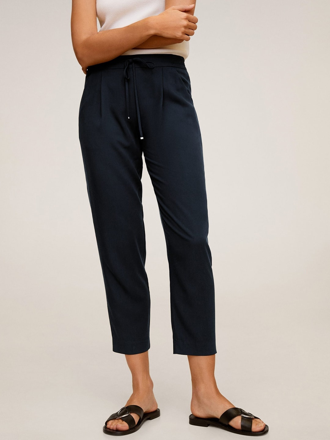 

MANGO Women Navy Blue Straight Fit Solid Cropped Regular Sustainable Trousers