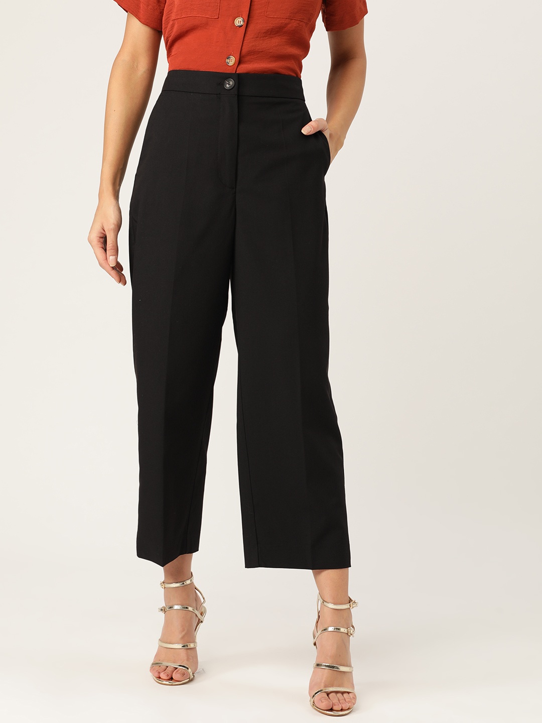 

MANGO Women Black Straight Fit Solid Cropped Regular Trousers