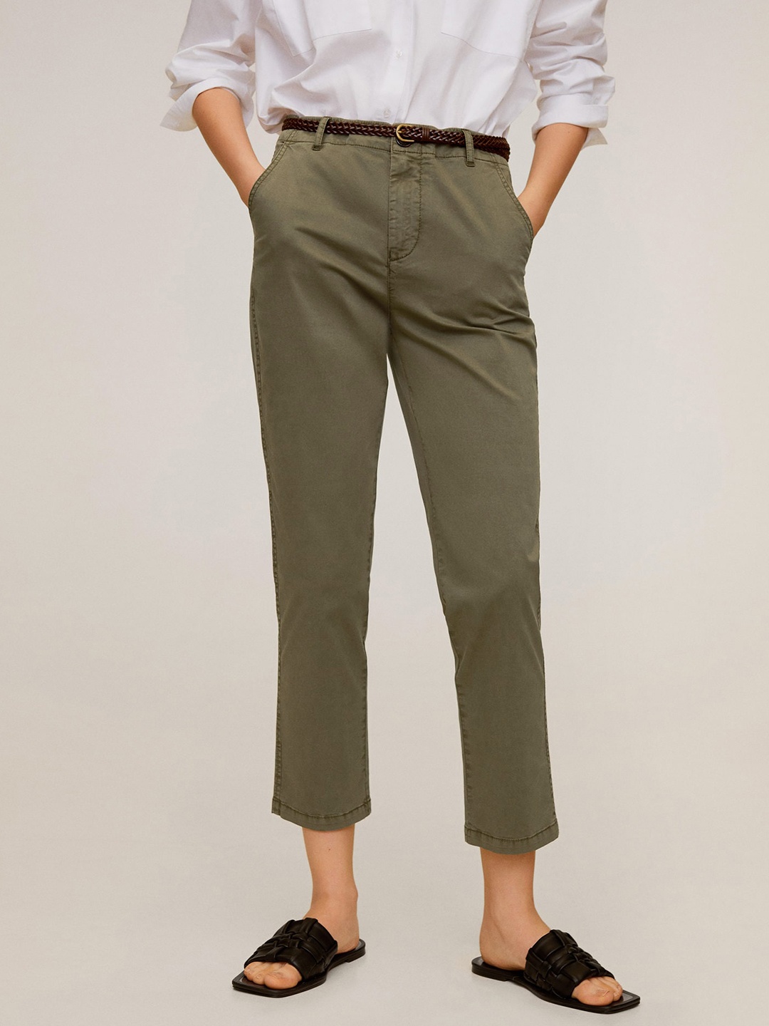 

MANGO Women Olive Green Regular Fit Solid Cropped Trousers