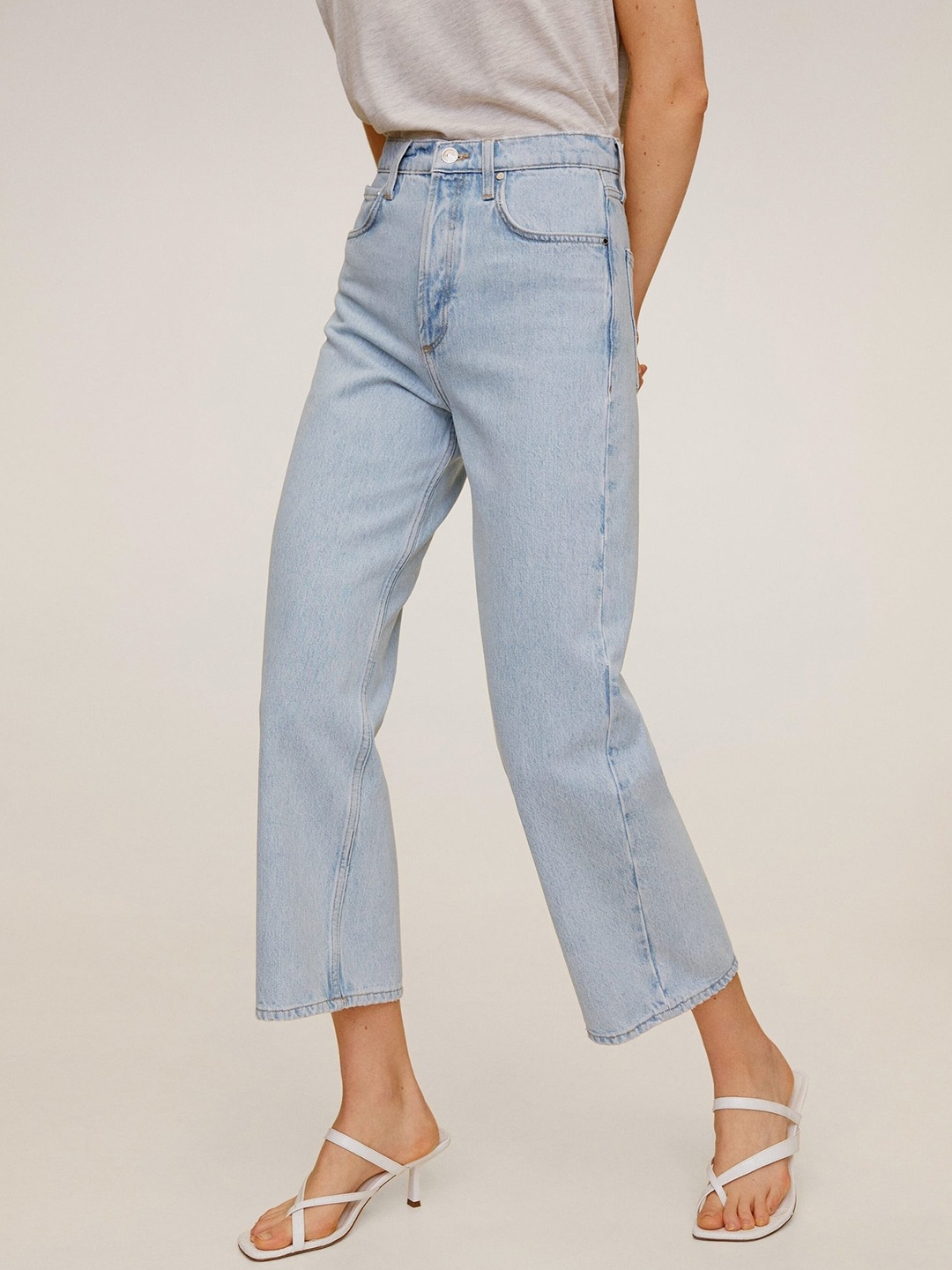 

MANGO Women Blue Wide Leg High-Rise Clean Look Cropped Sustainable Jeans