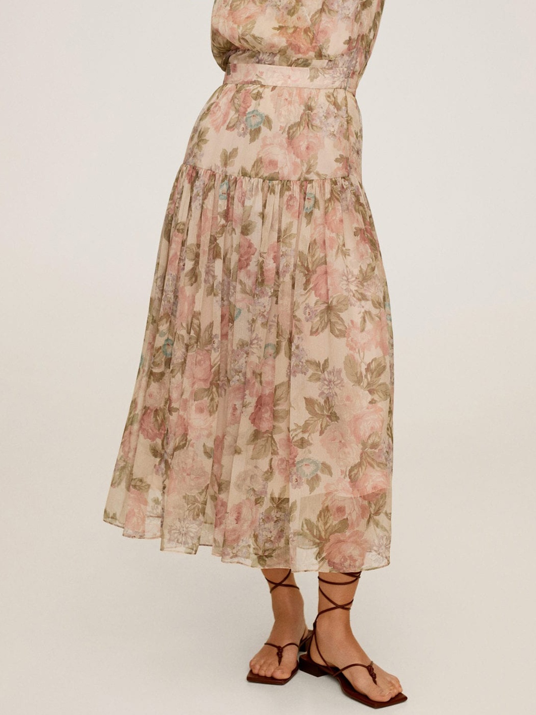 

MANGO Women Beige & Pink Floral Print Flared Skirt