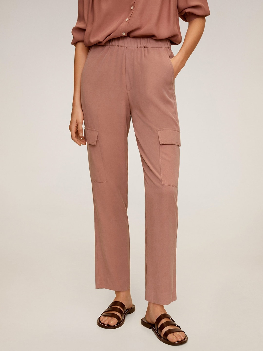 MANGO Women Dusty Pink Regular Fit Solid Cropped Cargos