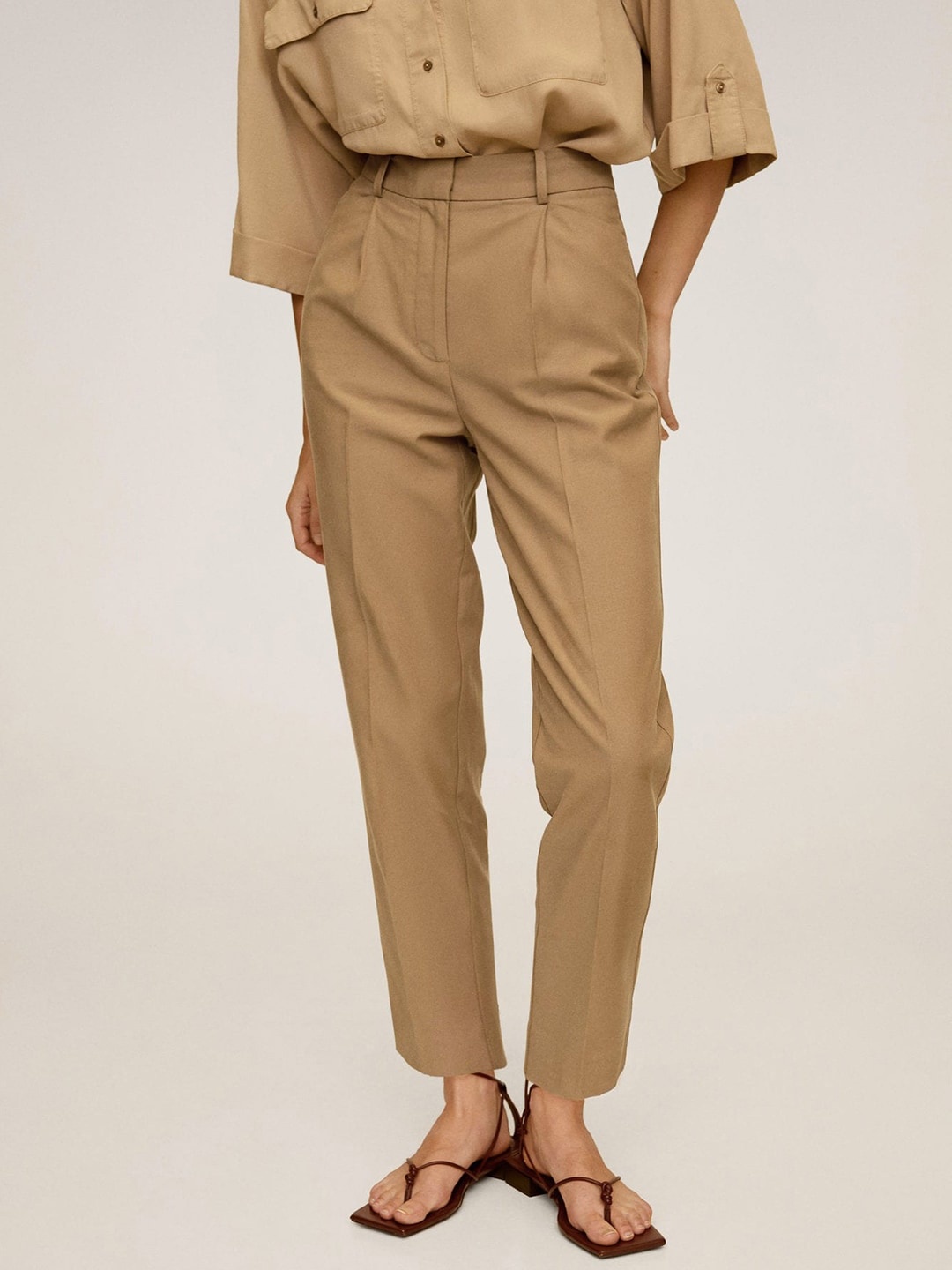 

MANGO Women Khaki Regular Fit Solid Cropped Sustainable Trousers