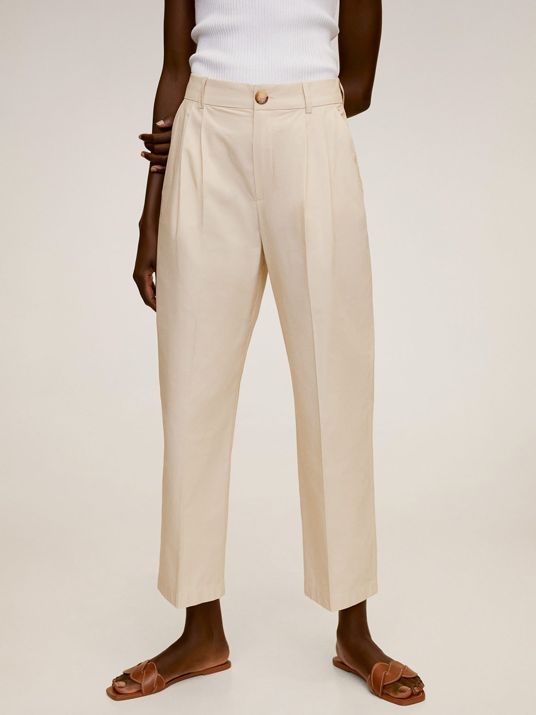 

MANGO Women Beige Straight Fit Solid Regular Sustainable Trousers