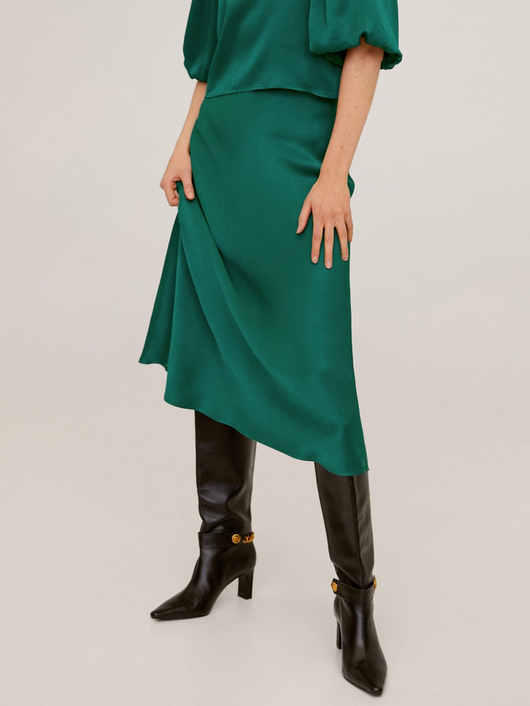 

MANGO Women Green Solid Satin Finish A-Line Skirt