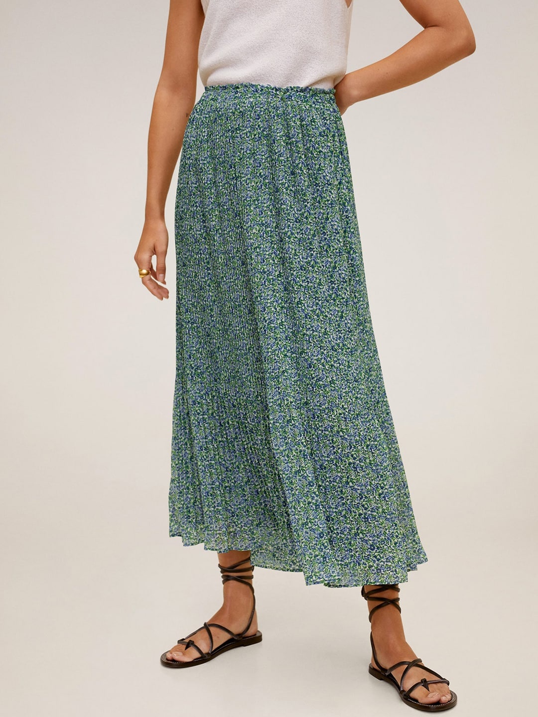 

MANGO Women Blue & Green Accordian Pleated Floral Print A-Line Sustainable Skirt