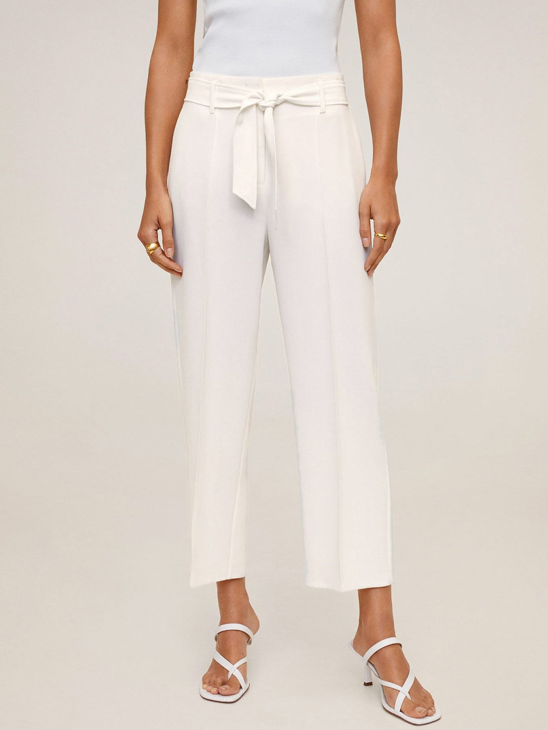 

MANGO Women Off-White Regular Fit Solid Cropped Sustainable Trousers