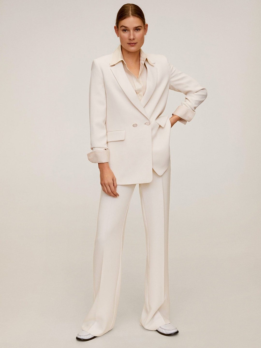 MANGO Women Cream-Coloured Regular Fit Solid Parallel Sustainable Trousers