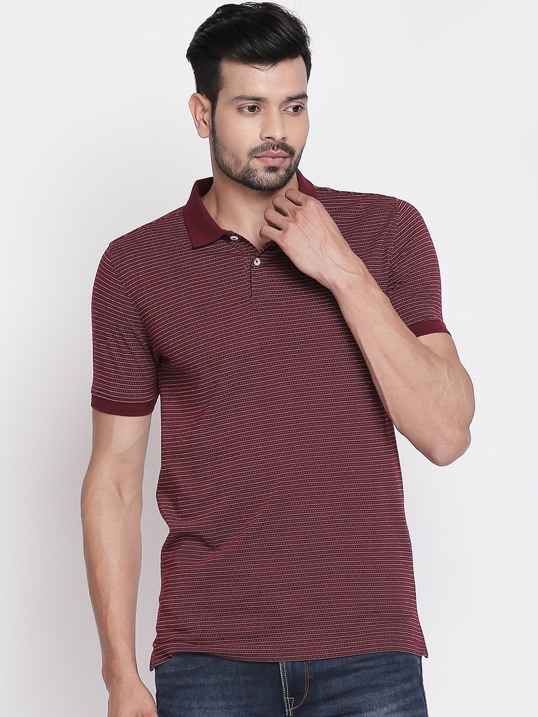 

BYFORD by Pantaloons Men Maroon Striped Polo Collar T-shirt