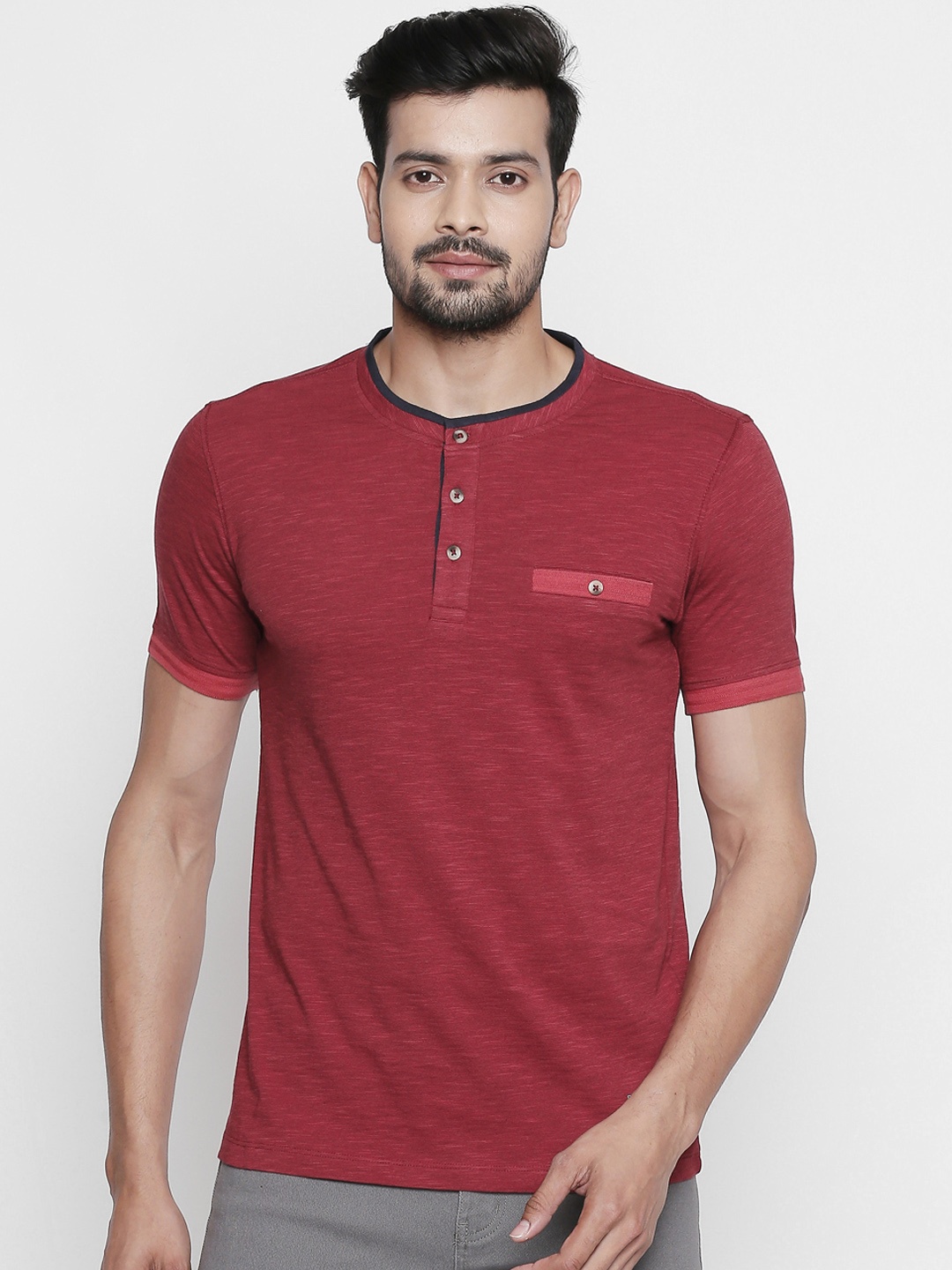 

Urban Ranger by pantaloons Men Red Solid Mandarin Collar Pure Cotton T-shirt