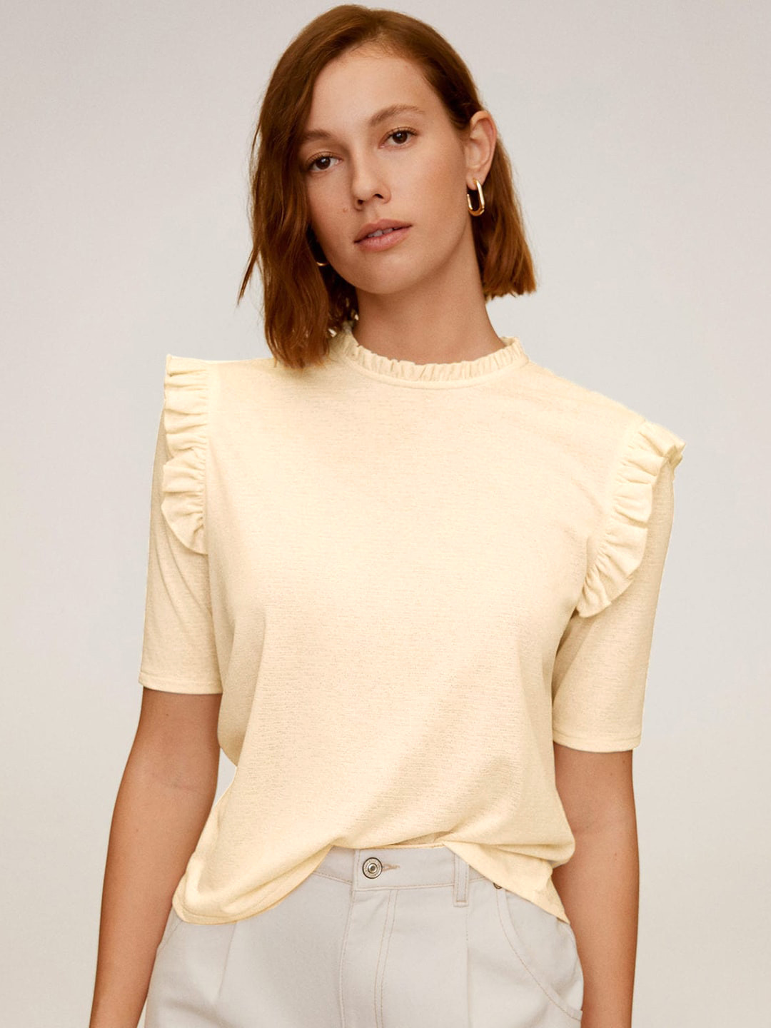 

MANGO Women Beige Self Design Ruffled Top