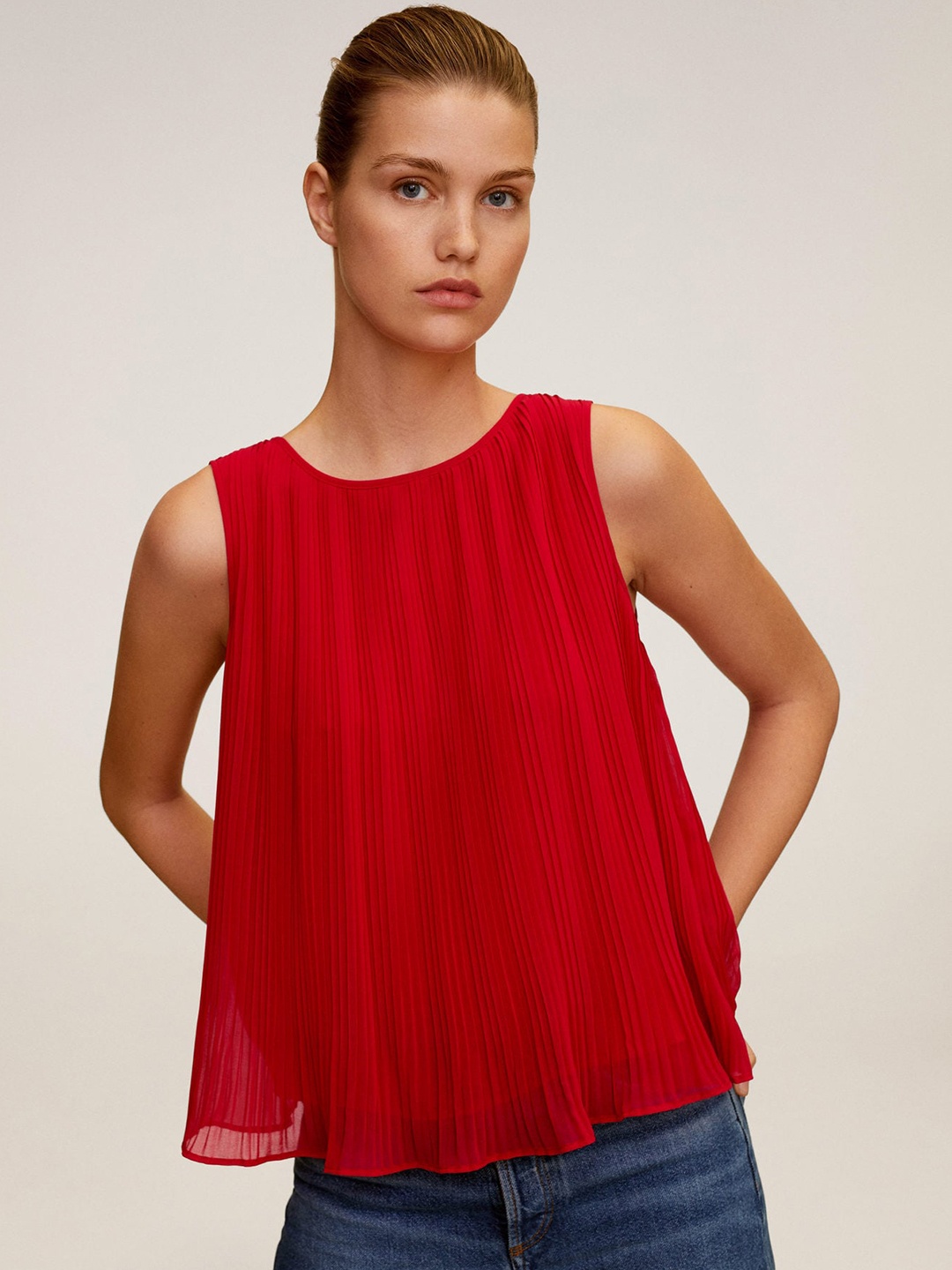 

MANGO Women Red Solid Accordion Pleated A-Line Top