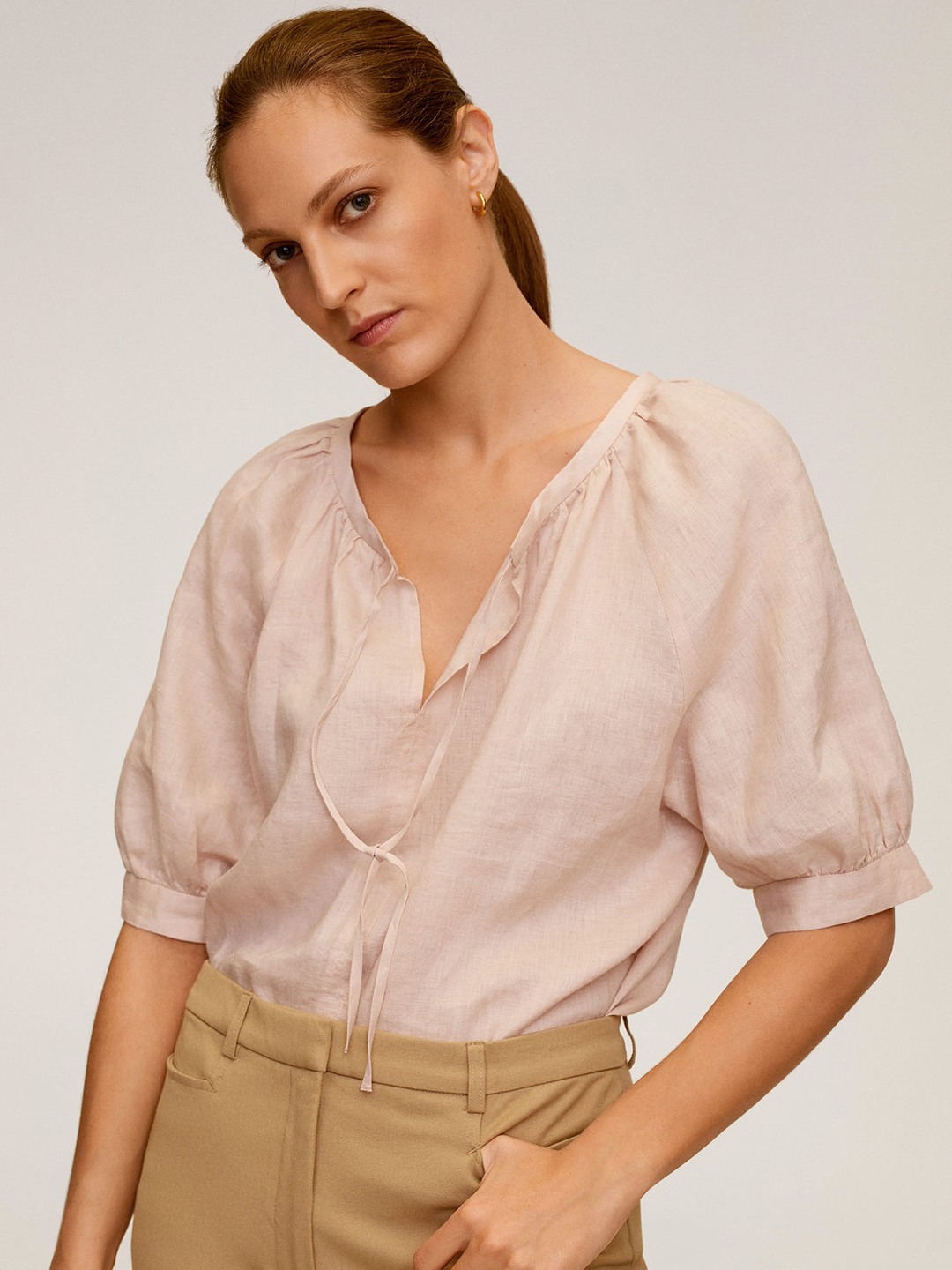 

MANGO Women Beige Linen Solid Top