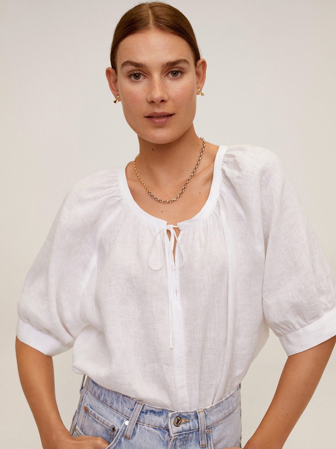 

MANGO Women White Solid Linen Top