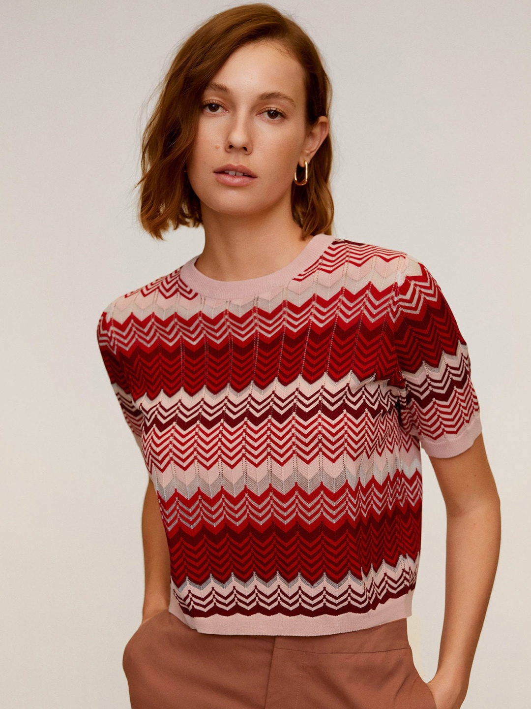 

MANGO Women Red & Peach-Coloured Self-Design Round Neck T-shirt