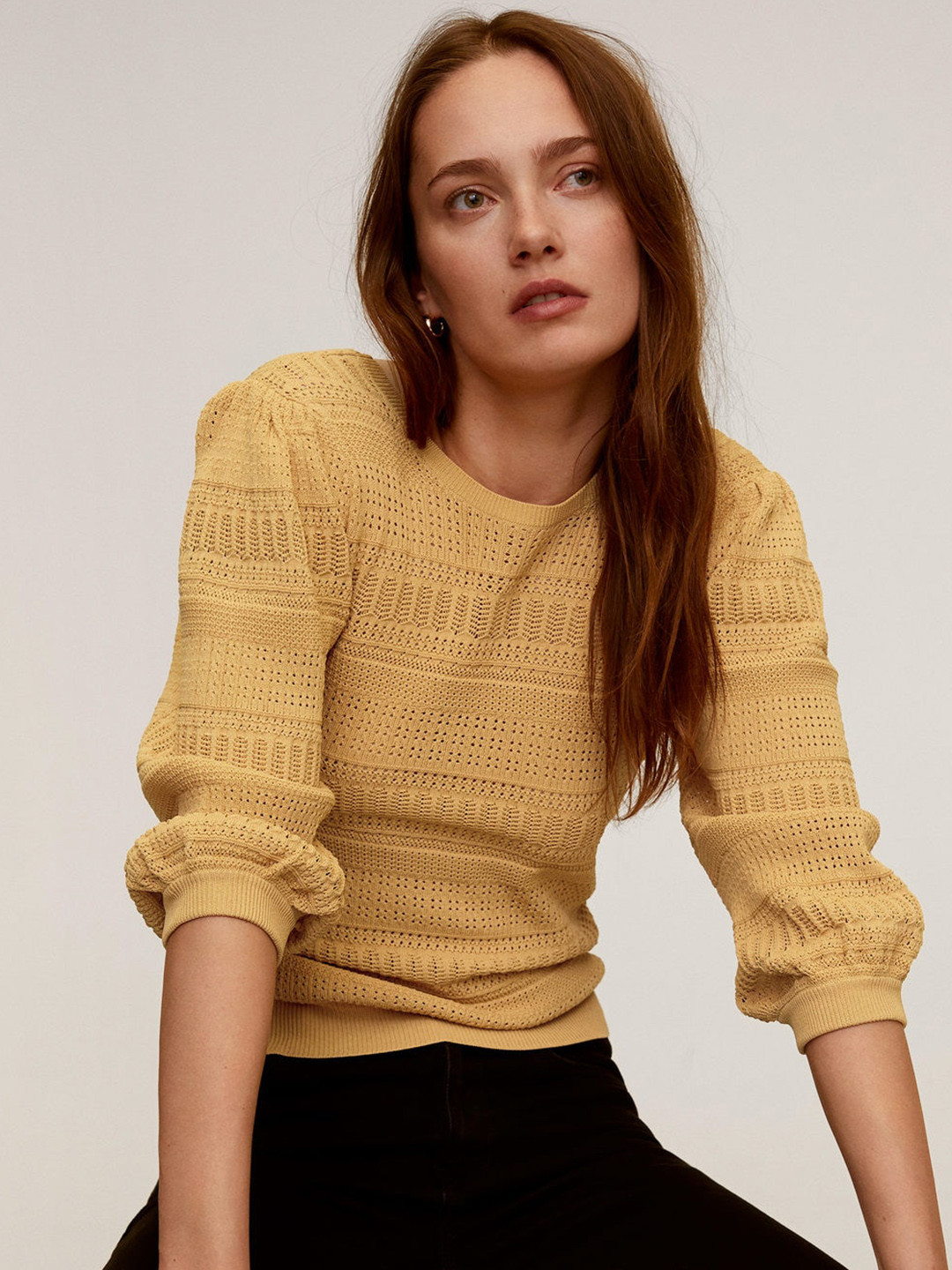 

MANGO Women Mustard Yellow Self Design Pullover Sweater